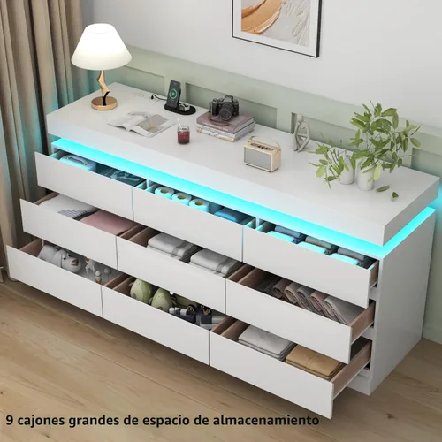 Miniatura 5 de Gyfimoie Cómoda de 9 cajones con toma de corriente, cómoda con luz LED, cómoda moderna para armario, gabinete organizador de cajones doble ancho
