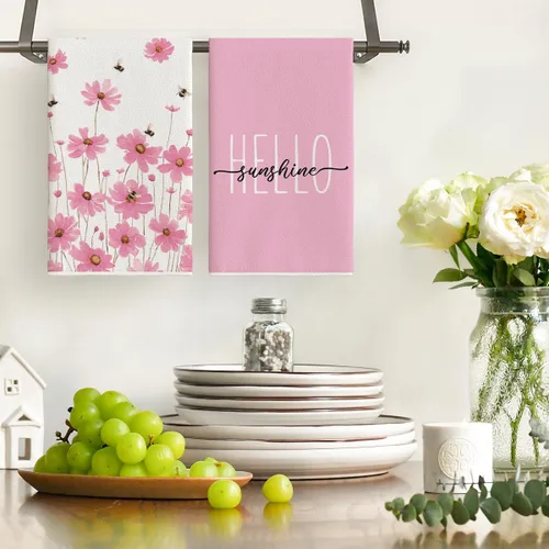 Miniatura 2 de Artoid Mode Juego de 2 toallas de cocina de primavera con diseño de abeja, diseño de flores rosadas, 18 x 26 pulgadas, decoración de vacaciones
