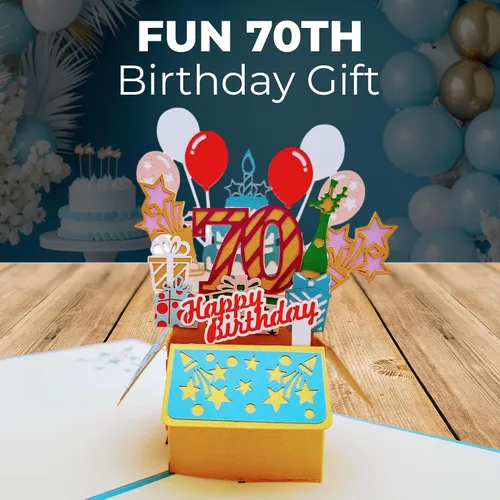 Miniatura 3 de iGifts And Cards Tarjeta desplegable 3D de 70 cumpleaños: caja de fiesta azul centro de mesa de champán - Saludo de hito para padres, abuelos