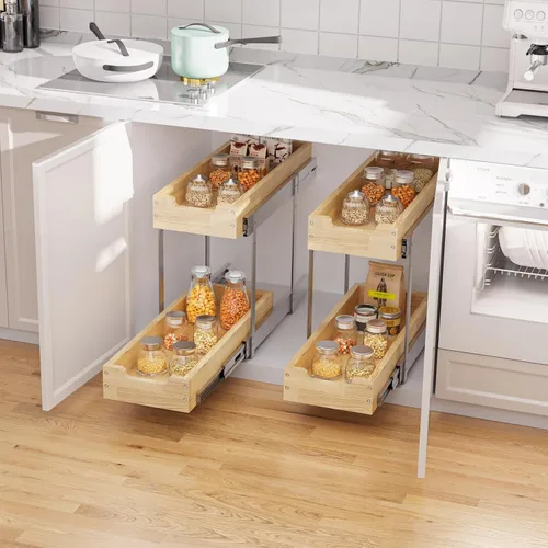 Miniatura 3 de Sikarou Organizador de armario extraíble de madera, 2 lazos de 9 pulgadas de ancho x 21 pulgadas de profundidad, cajones deslizantes resistentes