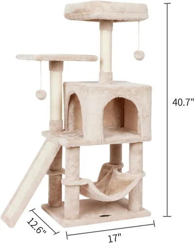 Miniatura 7 de Linda torre de árbol para gatos de interior con poste rascador para actividades modernas, hamaca colgante de bola con tabla beige