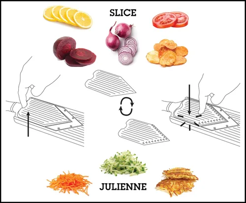 Miniatura 7 de Microplane Cortadora de mandolina ajustable con hoja en V y cuchillas de acero inoxidable Julienne, mandolina de mano para papas, zanahorias y otras