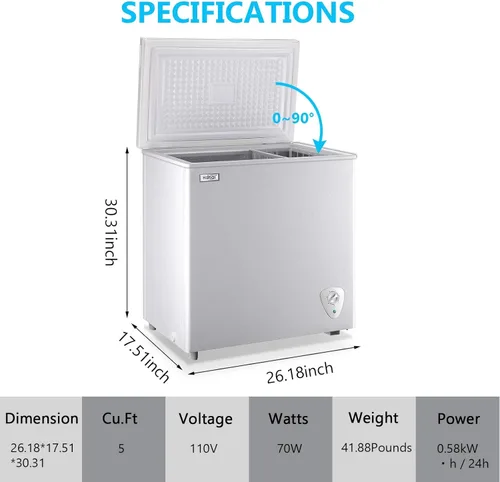 Miniatura 7 de Congelador de cofre compacto de 5.0 pies cúbicos con termostato ajustable, puerta que se abre por arriba con cesta de almacenamiento extraíble