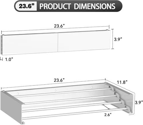Miniatura 5 de FOCHIER F Tendedero de Ropa Tendedero de Secado Montado en Pared Plegable con 4 Varillas de Aluminio y Plantilla de Perforación Punta de Blanco