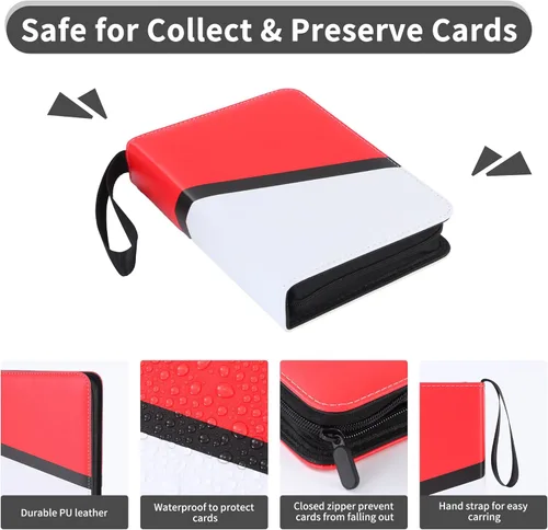 Miniatura 3 de Carpeta para tarjetas coleccionables de 4 bolsillos con cremallera y correa de mano, capacidad para hasta 400 tarjetas, carpeta TCG de piel