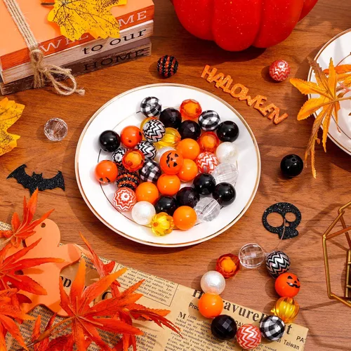 Miniatura 4 de Whaline Juego de 50 cuentas de Halloween de 0.787 pulgadas (0.787 in) mixtas de chicle, cuentas espaciadoras de Jack-O-Lantern, cuentas espaciadoras
