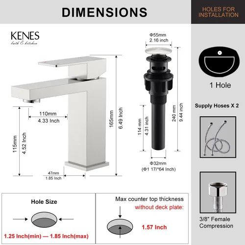 Miniatura 6 de KENES Grifo de lavabo de baño de una sola manija, grifo de tocador de níquel cepillado para fregadero de baño, con tapón de drenaje desplegable