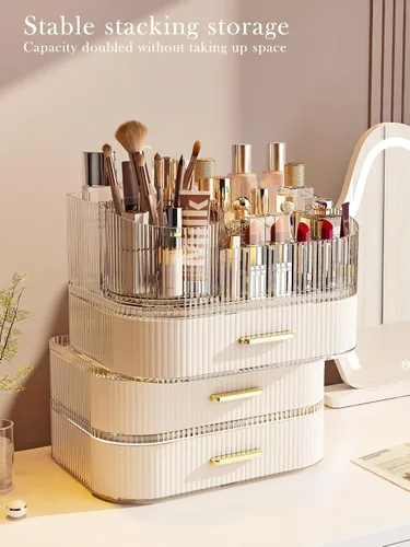 Miniatura 5 de Organizador de maquillaje giratorio de 360° con cajón, exhibición de almacenamiento de cosméticos de acrílico transparente, contador de belleza