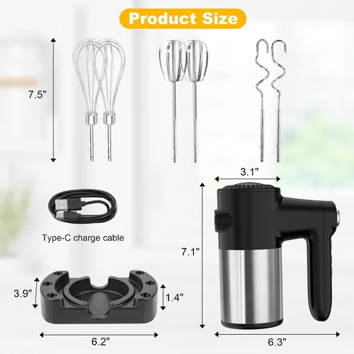 Miniatura 8 de Batidora de mano eléctrica inalámbrica, mezcladora de mano inalámbrica recargable de 7 velocidades con botón de expulsión, batería larga, silenciosa
