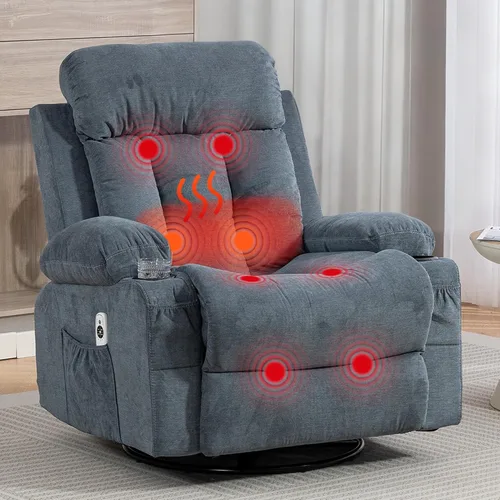 Mecedora giratoria de 360°, silla reclinable con masaje por vibración y calor, sillas de salón ergonómicas con función mecedora y bolsillo lateral,