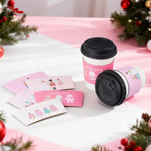 Miniatura 6 de Yungyan Paquete de 50 tazas de café desechables de Navidad de 12 onzas con tapas y mangas, tazas de chocolate caliente de papel, suministros