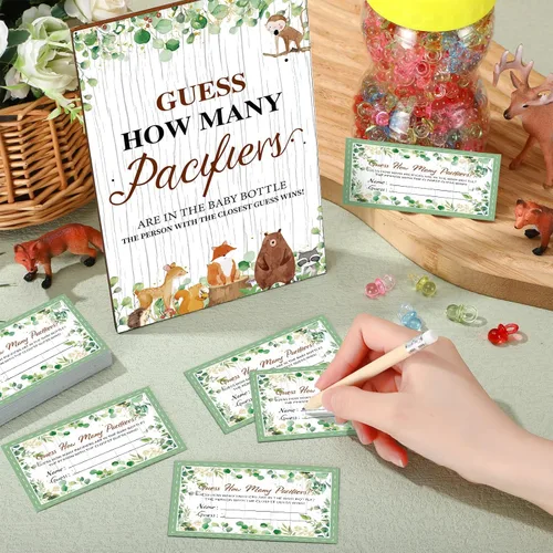 Miniatura 7 de Syhood Woodland Animal Baby Shower Games Adivina cuántos chupetes signo de juego 50 pequeños juegos de adivinanzas 20 lápices HB botella de leche