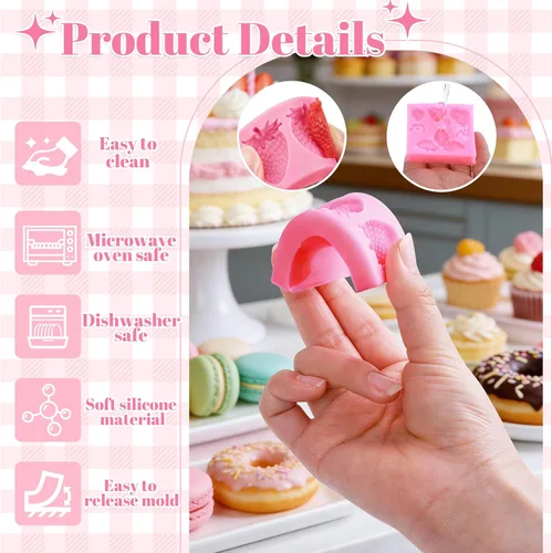 Miniatura 3 de YunKo Juego de moldes de silicona para fondant, paquete de 3 moldes flexibles de chocolate y fresa, moldes de fresa de grado alimenticio