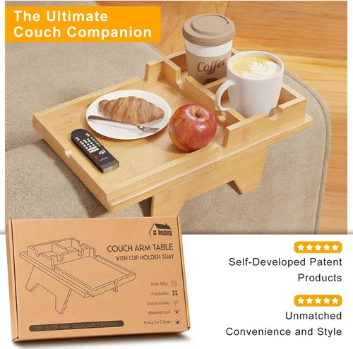 Miniatura 9 de Bestjing Bandeja de bambú para portavasos de sofá – 2 en 1 con soporte doble desmontable Be Slide-Away – Sofá sillón Caddy para beber aperitivos