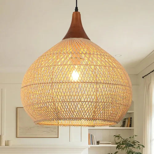 Miniatura 12 de Luces Colgantes Bohemias, Candelabro de Ratán de 1 Luz de 15.7", Luz Colgante de Mimbre Tejida a Mano con Pantalla de Jacinto de Agua, Luz Colgante