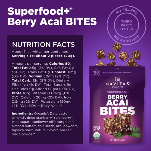 Miniatura 2 de Navitas Organics Berry Acai Superfood+ BITES – Power Snacks – Todo natural a base de plantas – Energía limpia y nutrición – USDA orgánico, sin OMG