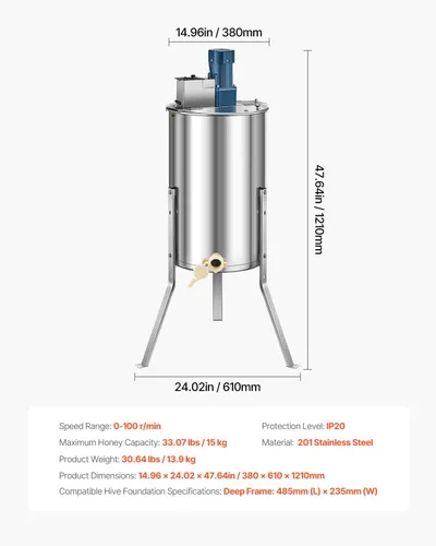 Miniatura 7 de VEVOR Extractor eléctrico de miel, extractor de miel de 3 marcos con tapa transparente, centrifugadora de tambor de panal de acero inoxidable