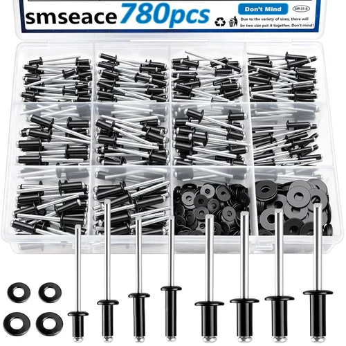 Miniatura 7 de smseace 600 Piezas Remaches Pop Negros de Acero Inoxidable con Arandela Kit Surtido 8 Tamaños Remaches de Acero Inoxidable