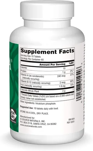 Miniatura 2 de Source Naturals Yaeyama Chlorella 200mg Algas Superalimento Suplemento Nutricional Fuente de B-12, Hierro, Proteína y Vitamina A - 600 Tabletas