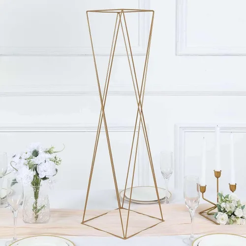 Miniatura 9 de Efavormart - Juego de 2 centros de mesa de 32 pulgadas con marco de metal entrecruzado geométrico dorado, soportes de flores con pedestal de columna