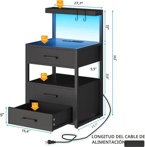 Miniatura 2 de VIAGDO Mesita de noche LED con estación de carga, 3 cajones con luces LED, mesitas de noche negras con estantes de almacenamiento, mesas auxiliares