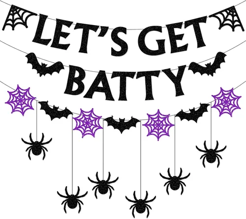 Pancarta de decoración de fiesta de telaraña negra y morada de Halloween, 8 piezas de murciélagos de papel, remolinos colgantes, remolinos