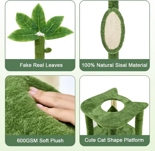 Miniatura 7 de Árbol para gatos de 52 pulgadas de interior con hojas verdes, torre para gatos de varios niveles con condominio de felpa acogedor para gatos, casa