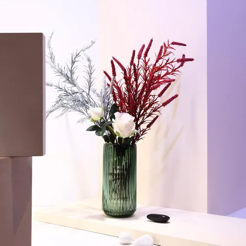 Miniatura 6 de Florero cilíndrico pequeño de cristal verde acanalado para decoración de centros de mesa de comedor de granja