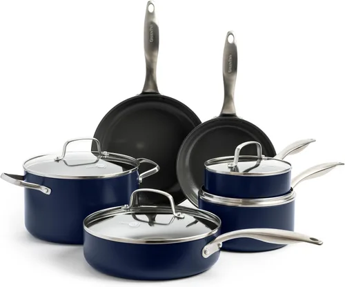 GreenPan Canterbury - Juego de ollas y sartenes de cerámica anodizada y saludable de 10 piezas, antiadherente, sin PFAS, mangos de acero inoxidable,