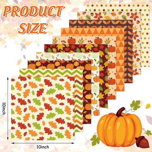 Miniatura 2 de Whaline Paquete de 10 piezas de tela de algodón de otoño, hojas de calabaza, cuadrados de tela de Acción de Gracias, telas de costura