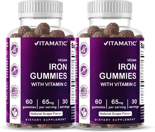 Miniatura 10 de Vitamatic Suplemento de gomitas de hierro de 65 mg para mujeres y hombres, 60 gomitas veganas, vitaminas de gomitas de hierro de gran sabor