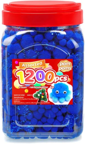 Iooleem Pompones azules, 1200 pompones de varios tamaños, pompones para artes y manualidades, pompones con ojos ondulados en frasco, pompones con