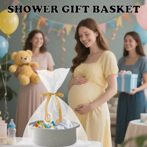 Miniatura 6 de Paquete de 2 canastas pequeñas de cuerda tejida, cesta de regalo vacía con bolsa y cintas, bonita caja organizadora con asa para cumpleaños/baby