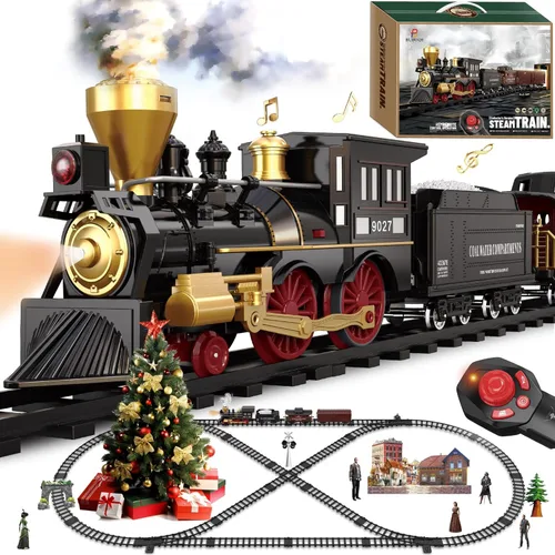 Miniatura 15 de Juego de tren para niños con control remoto, juguetes de tren con locomotora de vapor, tanque de combustible y pistas de lujo, trenes eléctricos