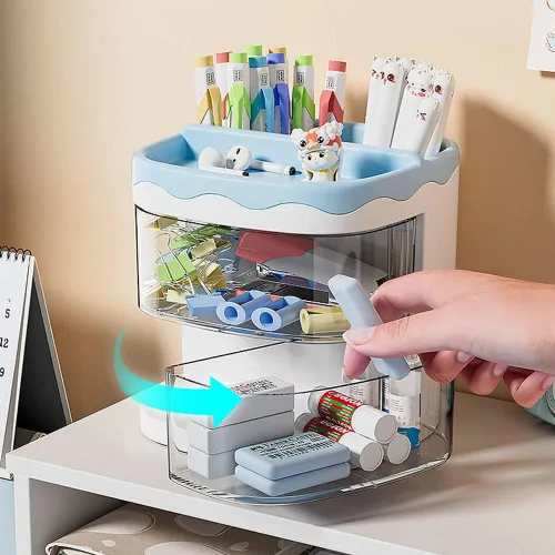 Miniatura 3 de Portalápices, organizador de bolígrafos, soporte para lápices para escritorio, organizador de escritorio con cajón para la escuela, el hogar, Azul