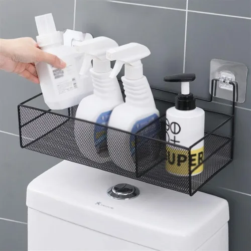 Miniatura 2 de Estantes de baño, organizador de baño de montaje en pared con 2 compartimentos, alambre de metal sin taladrar cesta organizadora para cuarto de Negro