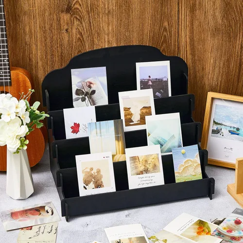 Miniatura 5 de Barydat Soporte de exhibición grande de 4 niveles y 5 niveles para tarjetas de felicitación, soporte de madera para postales, folletos, fotos, Negro