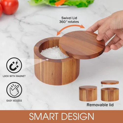 Miniatura 3 de Demigo Salero de Acacia con Capacidad de 9 Onzas, Caja de Sal de Madera con Tapa Giratoria, Conservador de Especias, Frasco de Madera para Cocina