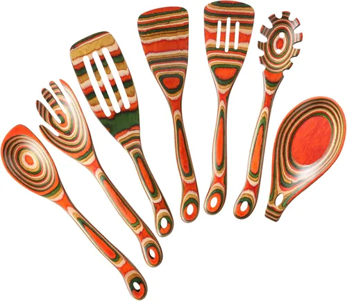 Miniatura 9 de Juego de 7 utensilios de cocina de madera de Pakkawood para cocinar, cucharas de madera para cocinar, seguro, ecológico, antiadherente, utensilios