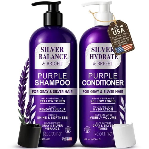 Juego de champú y acondicionador morado tonificante de latón sin sulfato para cabello gris y plateado, hidratante y seguro para el color, mejora el