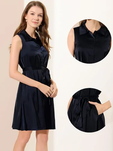 Miniatura 2 de Allegra K Vestidos de satén para mujer, cuello de punto, con cinturón, con botones, sin mangas, vestido camisero