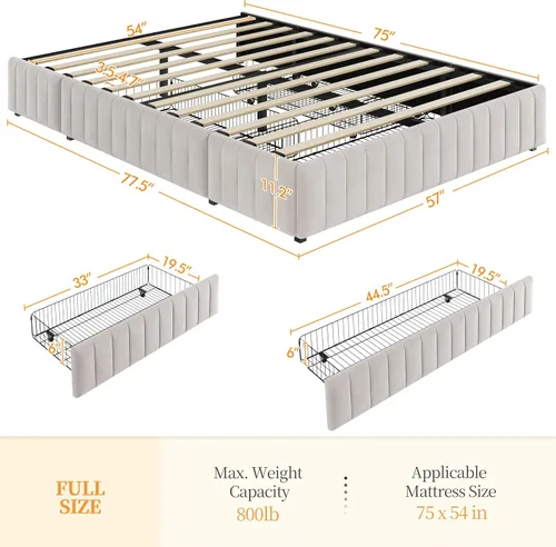 Miniatura 2 de Yaheetech Bastidor de cama completo con plataforma tapizada con 3 cajones de almacenamiento, gran espacio de almacenamiento/Listones de madera