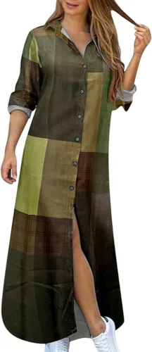 Miniatura 4 de Vestido largo casual de mezclilla con botones para mujer, con solapa, manga larga, con bolsillos, para otoño