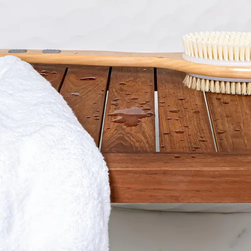 Miniatura 3 de Best Home Fashion Mesa de banco de ducha de teca con estante, mesa auxiliar grande para baño y spa, 14 pulgadas de ancho x 30 pulgadas de largo x 18