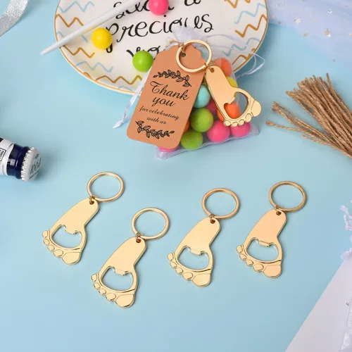 Miniatura 4 de 50 piezas de abrebotellas de huellas, recuerdos de baby shower para bebé invitado con llavero y bolsas de organza (dorado)