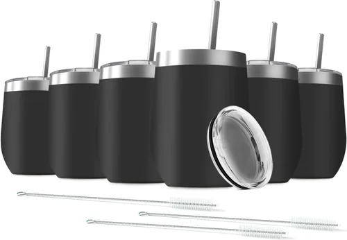 Miniatura 11 de Vaso de vino de 12 onzas con tapa con pajita, vaso de vino de acero inoxidable, vaso de vino de doble pared aislado al vacío, tazas de viaje sin