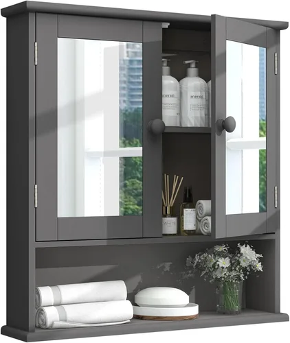 Miniatura 11 de TaoHFE Gabinete de medicina negro, 2 puertas con 3 estantes abiertos, gabinete de almacenamiento de madera montado en la pared sobre el inodoro