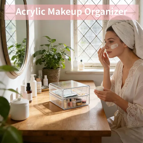 Miniatura 5 de Cajones de almacenamiento apilables transparentes, organizador de cajones de maquillaje acrílico con 2 cajones, contenedores de almacenamiento
