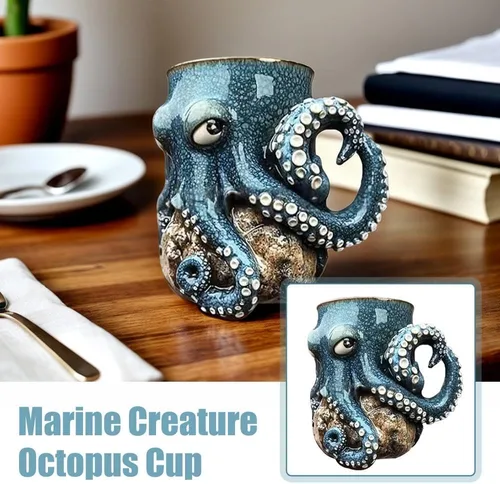 Miniatura 8 de Taza de pulpo de criatura oceánica para decoración del hogar, soporte para bolígrafo de pulpo 3D, único y novedoso con mango de tentáculo, bigote