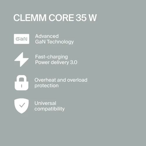 Miniatura 7 de CLEMM Core 35W Adaptador de corriente de carga rápida para iPhone 17/16/15/14/13/12/11/X, Galaxy S24 Ultra/S23 y más - GaN, PD 3.0, PPS, USB-C × 1